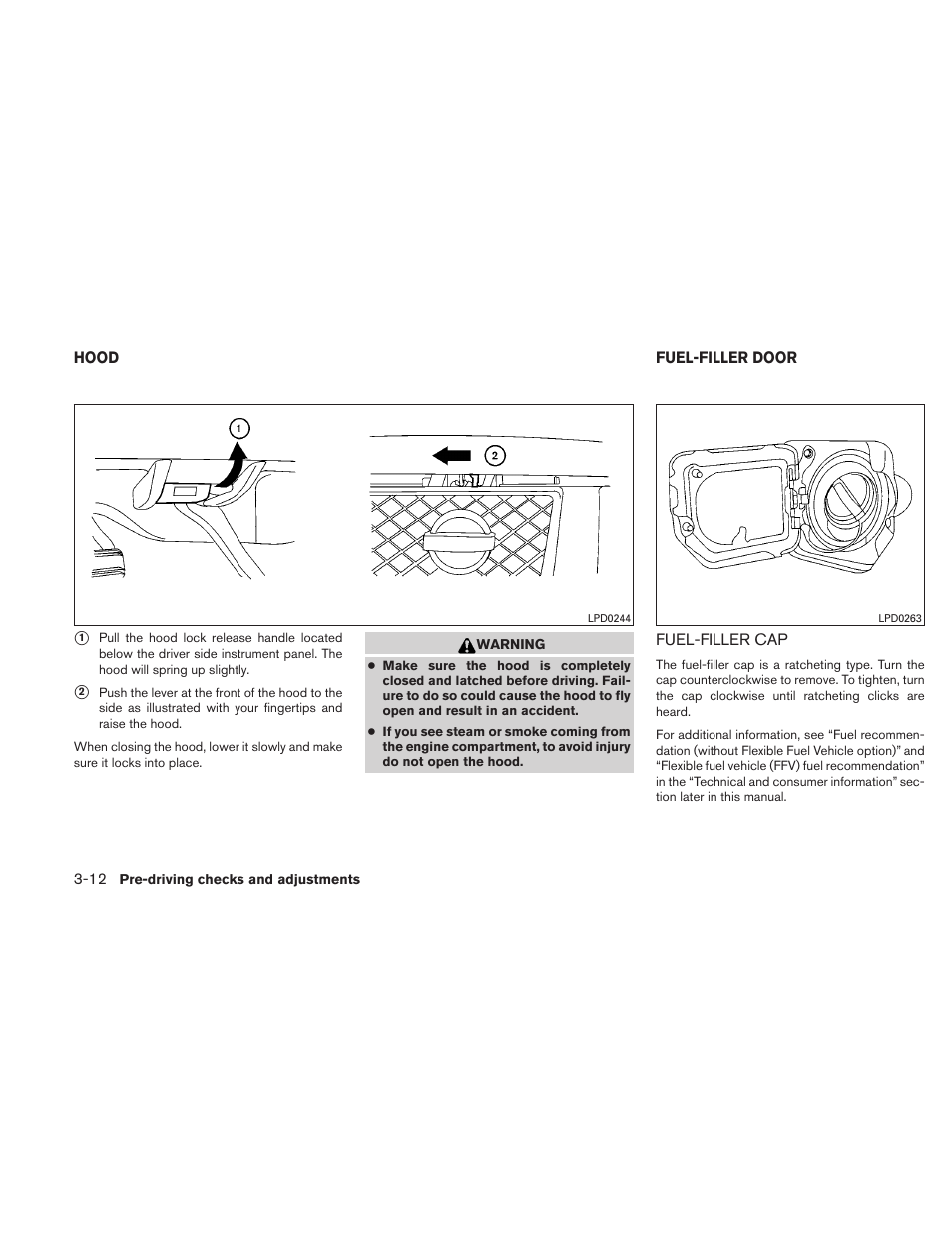 Hood -12 fuel-filler door -12, Fuel-filler cap -12 | NISSAN TITAN 2010 User Manual | Page 150 / 407