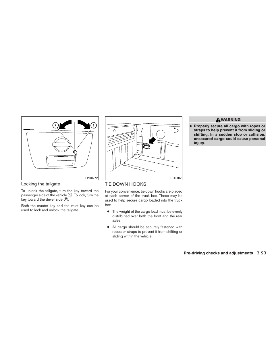 Tie down hooks -23 | NISSAN TITAN 2010 User Manual | Page 161 / 407