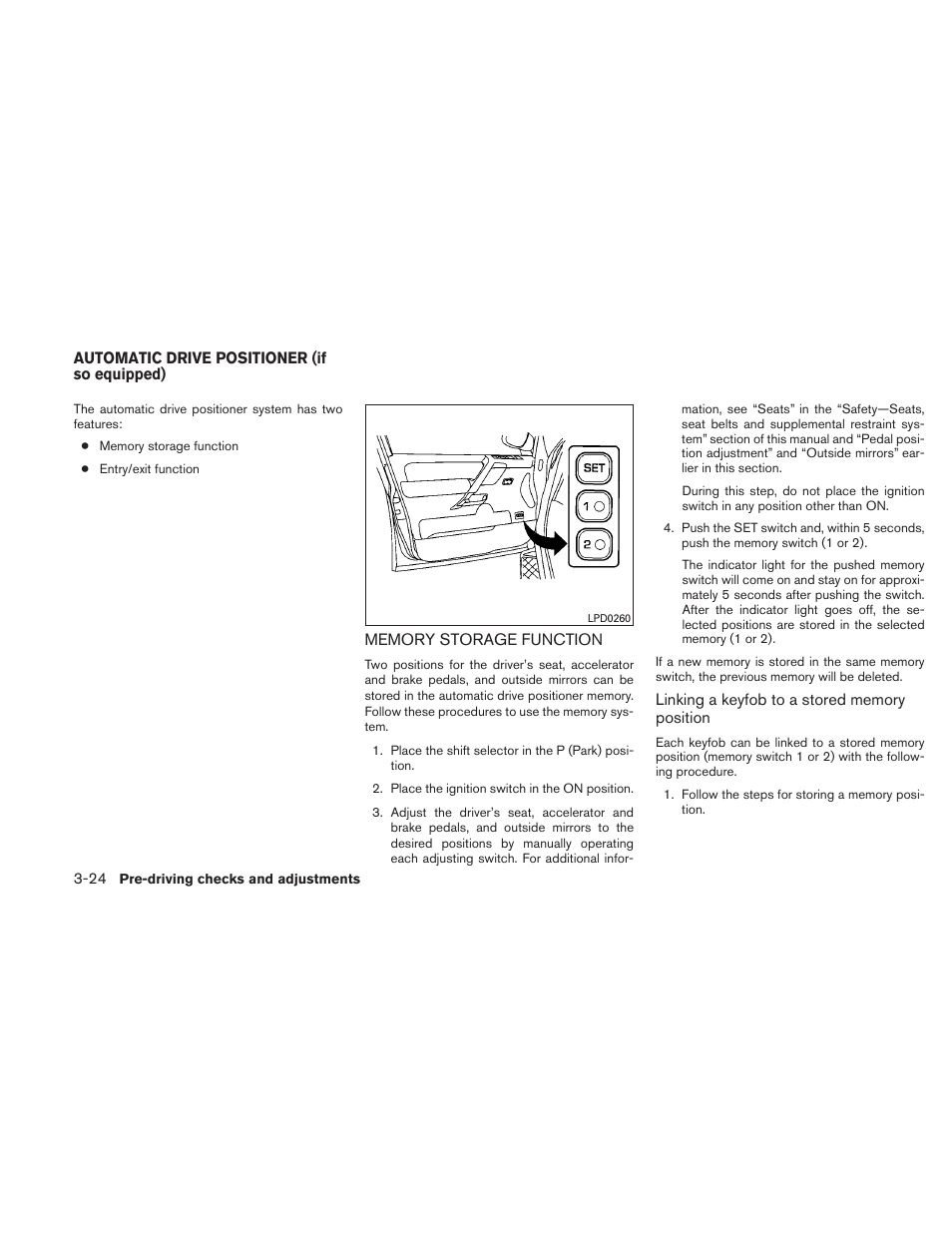 Automatic drive positioner (if so equipped) -24, Memory storage function -24 | NISSAN TITAN 2010 User Manual | Page 162 / 407