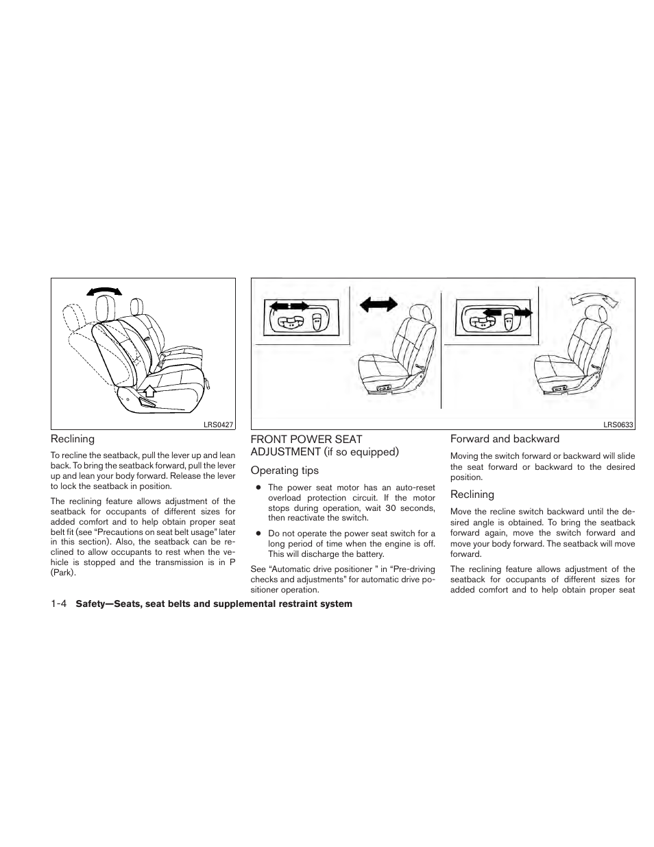 Front power seat adjustment (if so equipped) -4 | NISSAN TITAN 2010 User Manual | Page 20 / 407