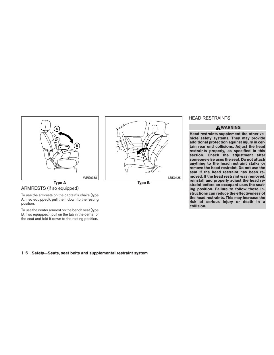 Armrests (if so equipped) -6 head restraints -6 | NISSAN TITAN 2010 User Manual | Page 22 / 407