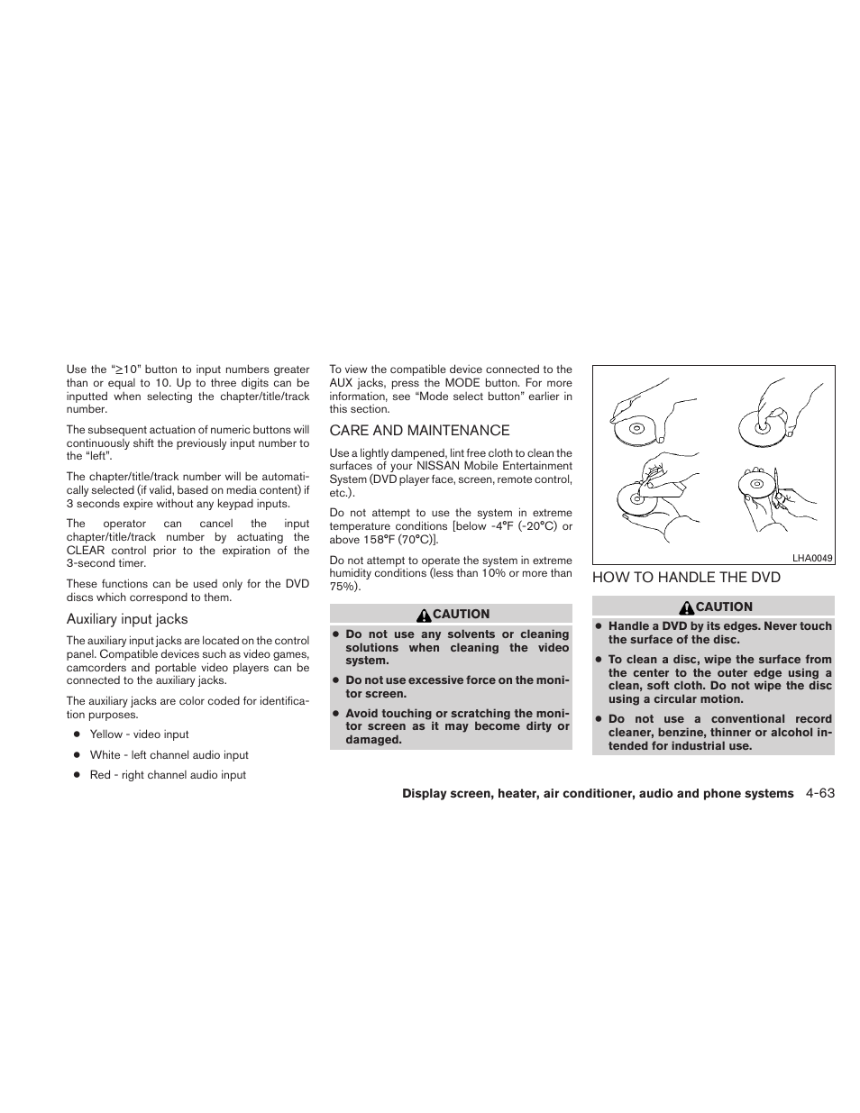 Care and maintenance -63 how to handle the dvd -63 | NISSAN TITAN 2010 User Manual | Page 229 / 407