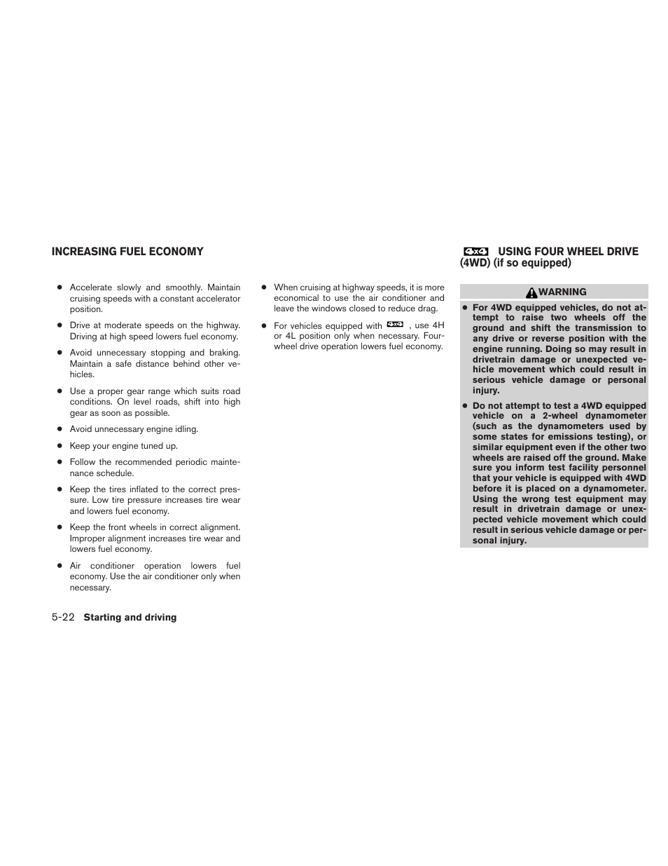 Increasing fuel economy -22, Using four wheel drive (4wd), If so equipped) -22 | NISSAN TITAN 2010 User Manual | Page 270 / 407