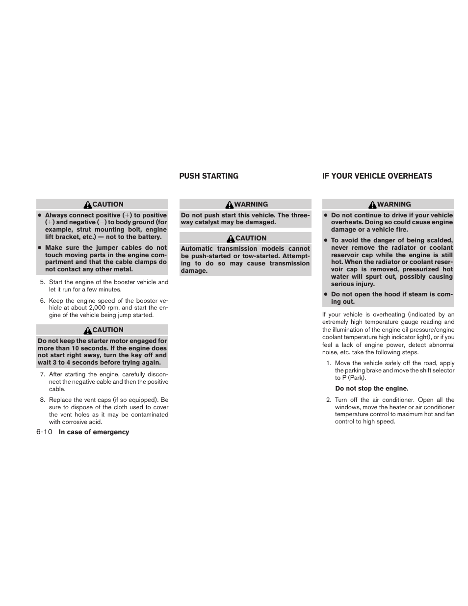 Push starting -10, If your vehicle overheats -10 | NISSAN TITAN 2010 User Manual | Page 296 / 407