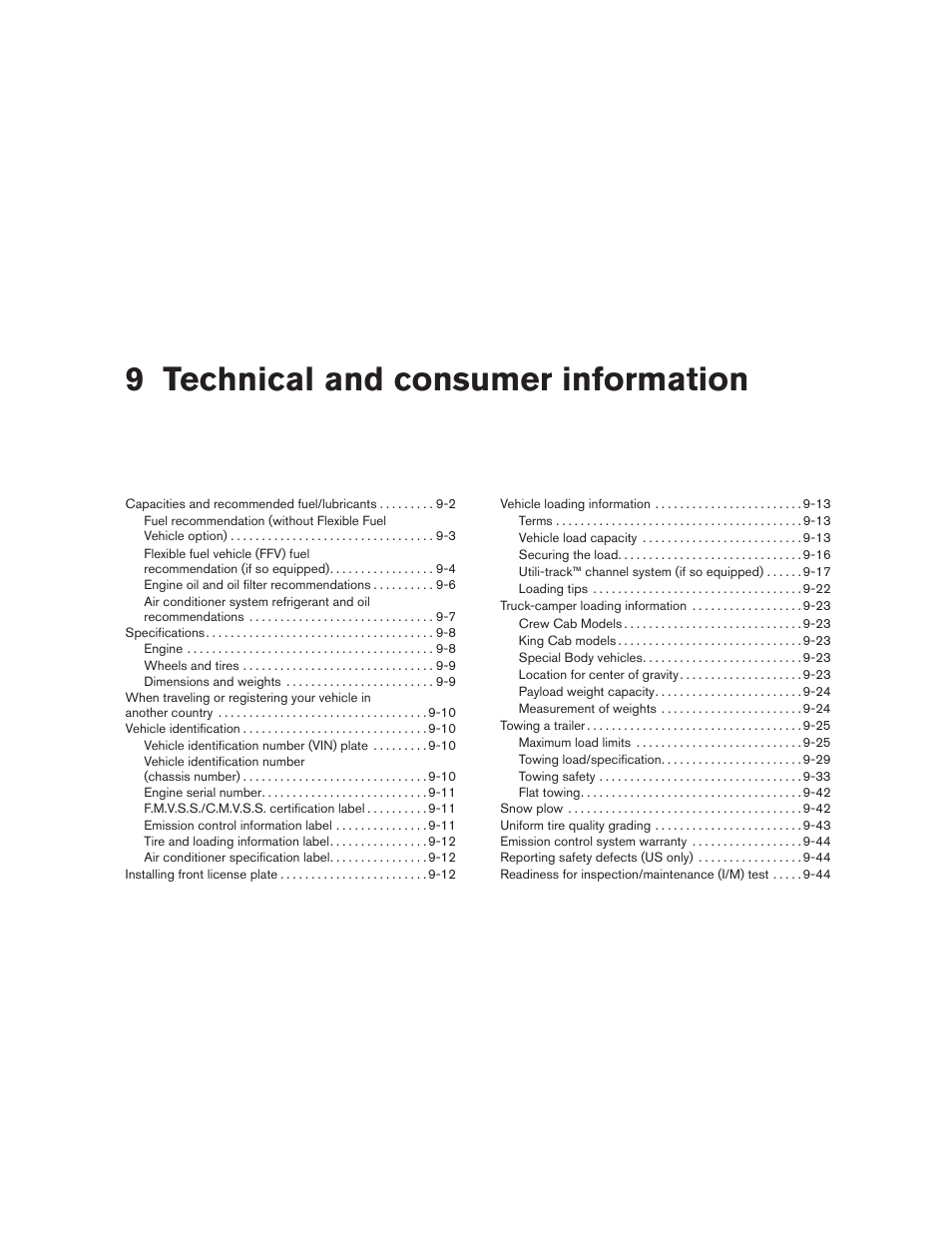 Technical and consumer information, 9 technical and consumer information | NISSAN TITAN 2010 User Manual | Page 350 / 407