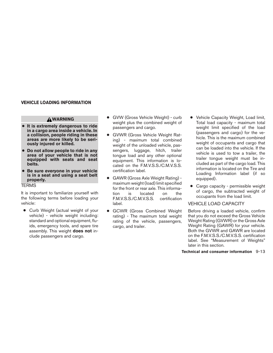 Vehicle loading information -13, Terms -13 vehicle load capacity -13 | NISSAN TITAN 2010 User Manual | Page 363 / 407