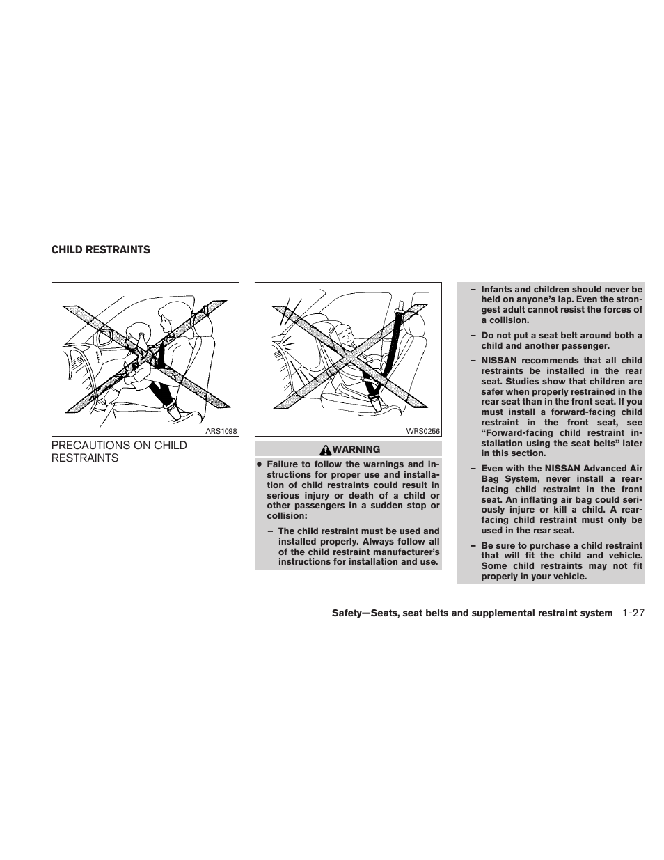 Child restraints -27, Precautions on child restraints -27 | NISSAN TITAN 2010 User Manual | Page 43 / 407