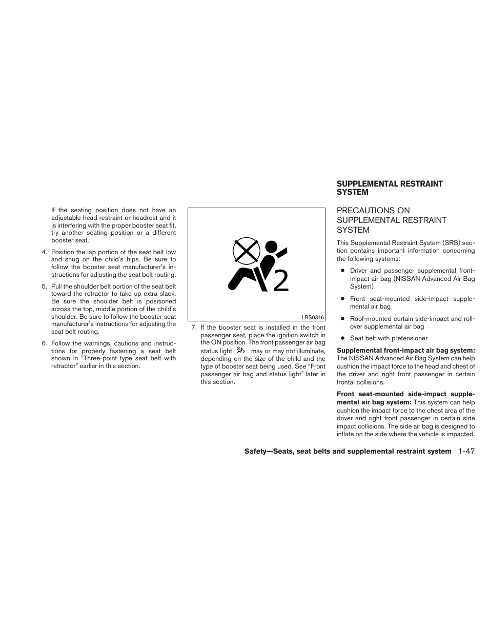 Supplemental restraint system -47, Precautions on supplemental restraint system -47 | NISSAN TITAN 2010 User Manual | Page 63 / 407