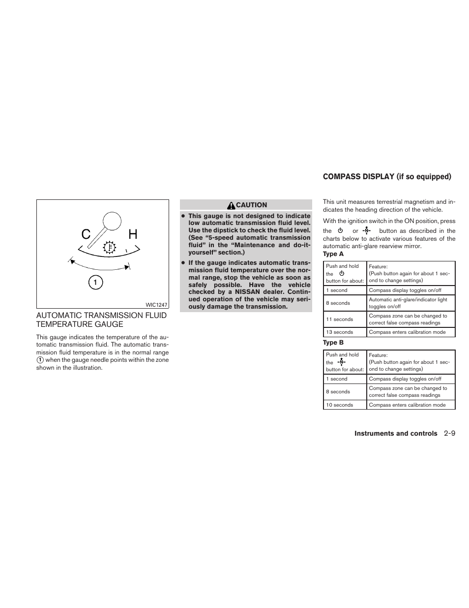 Automatic transmission fluid temperature gauge -9, Compass display (if so equipped) -9, Automatic transmission fluid temperature gauge | Compass display (if so equipped) | NISSAN TITAN 2010 User Manual | Page 89 / 407