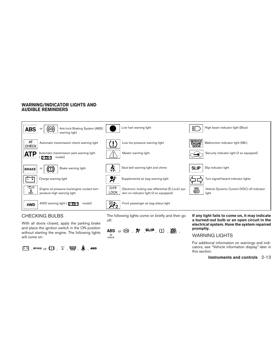 Warning/indicator lights and audible reminders -13, Checking bulbs -13 warning lights -13, Checking bulbs | Warning lights, Warning/indicator lights and audible reminders | NISSAN TITAN 2010 User Manual | Page 93 / 407