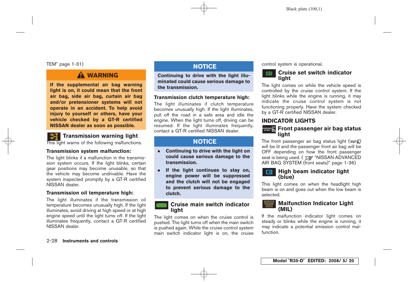 Indicator lights -28 | NISSAN R35-D User Manual | Page 105 / 311