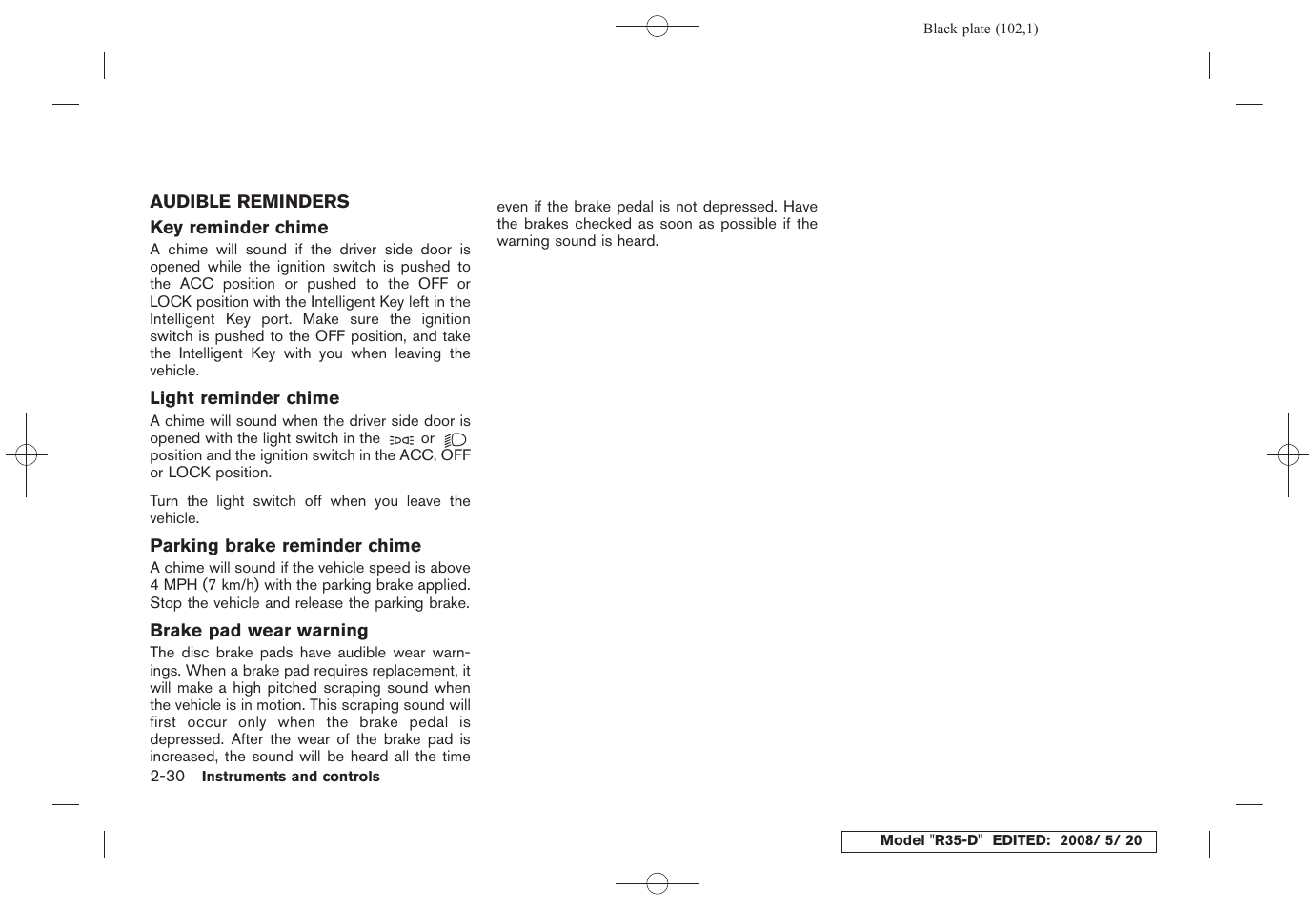 Audible reminders -30 | NISSAN R35-D User Manual | Page 107 / 311