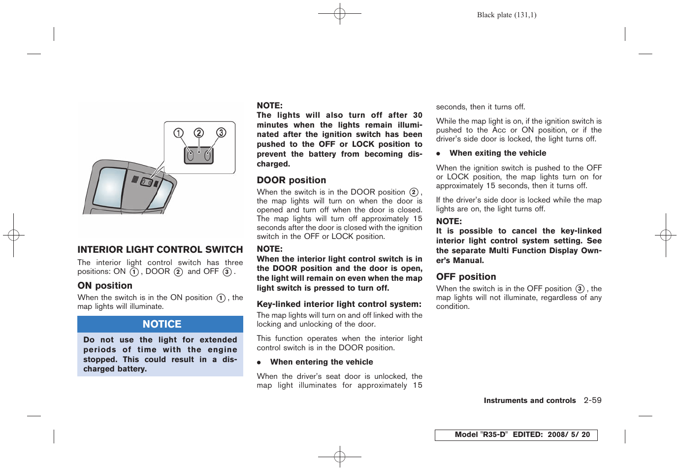 Interior light control switch -59 | NISSAN R35-D User Manual | Page 136 / 311