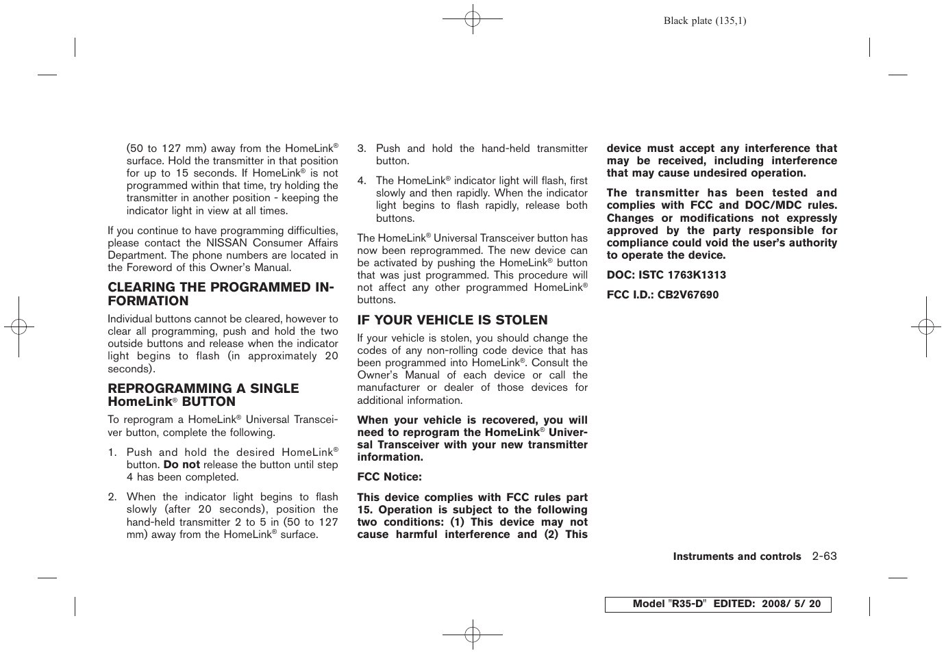 Clearing the programmed information -63, Button -63, If your vehicle is stolen -63 | NISSAN R35-D User Manual | Page 140 / 311