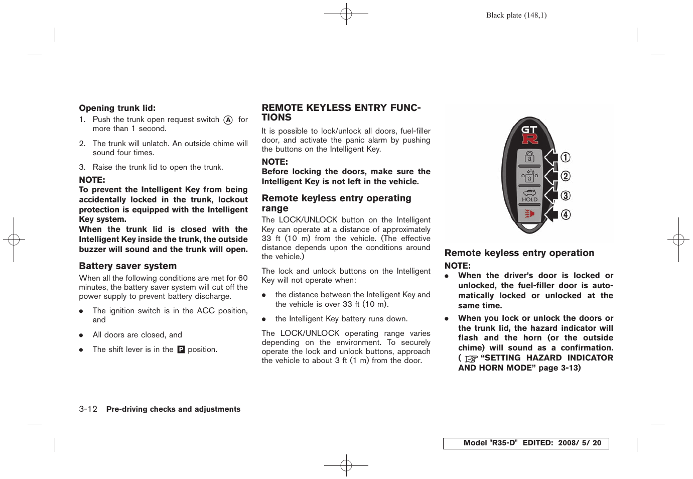 Remote keyless entry functions -12 | NISSAN R35-D User Manual | Page 153 / 311