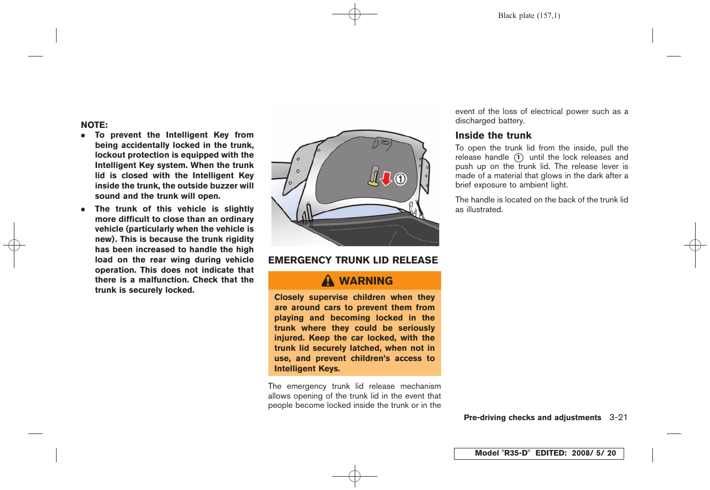 Emergency trunk lid release -21 | NISSAN R35-D User Manual | Page 162 / 311