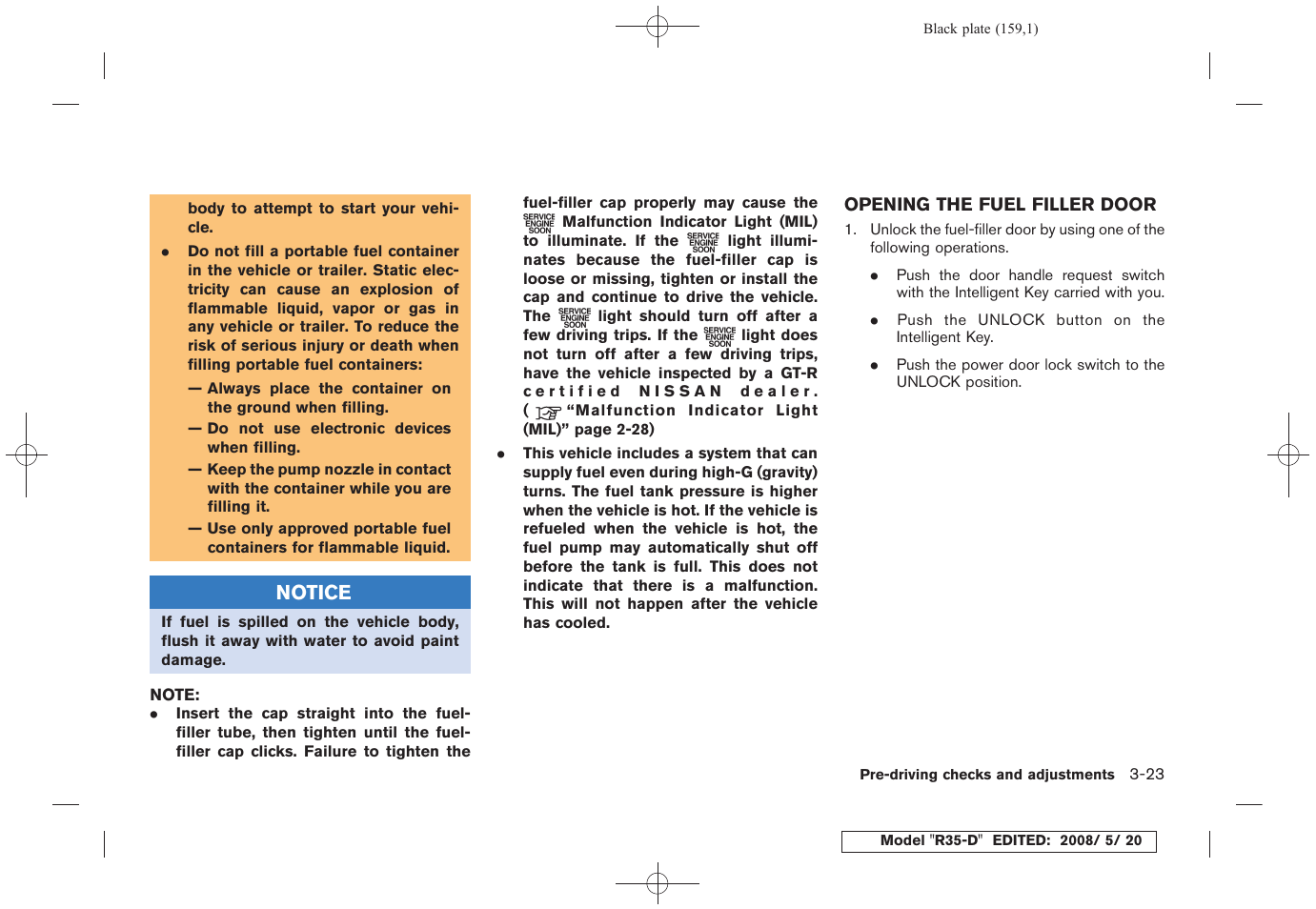 Opening the fuel filler door -23 | NISSAN R35-D User Manual | Page 164 / 311