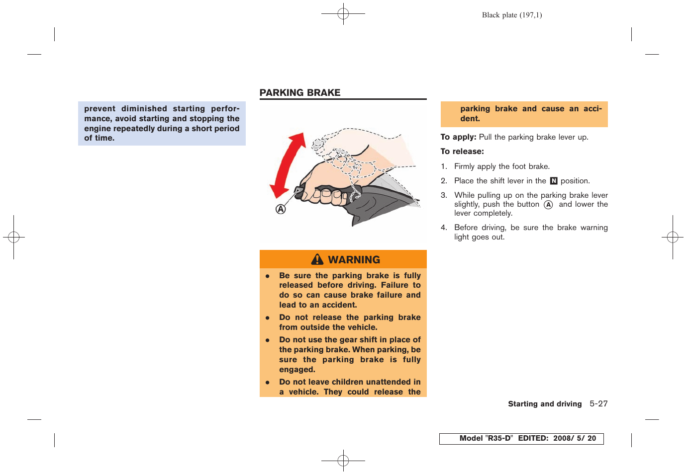 Parking brake -27 | NISSAN R35-D User Manual | Page 202 / 311