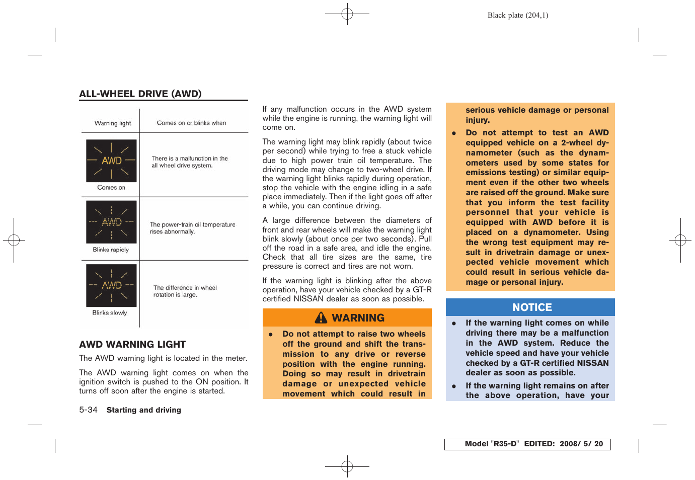 All-wheel drive (awd) -34, Awd warning light -34 | NISSAN R35-D User Manual | Page 209 / 311