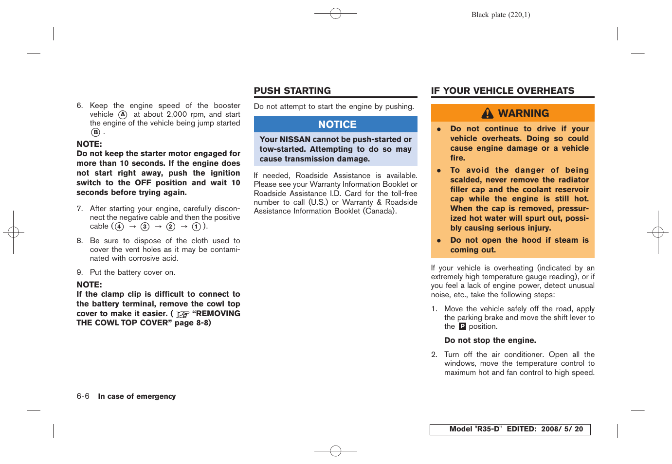 Push starting -6, If your vehicle overheats -6 | NISSAN R35-D User Manual | Page 225 / 311