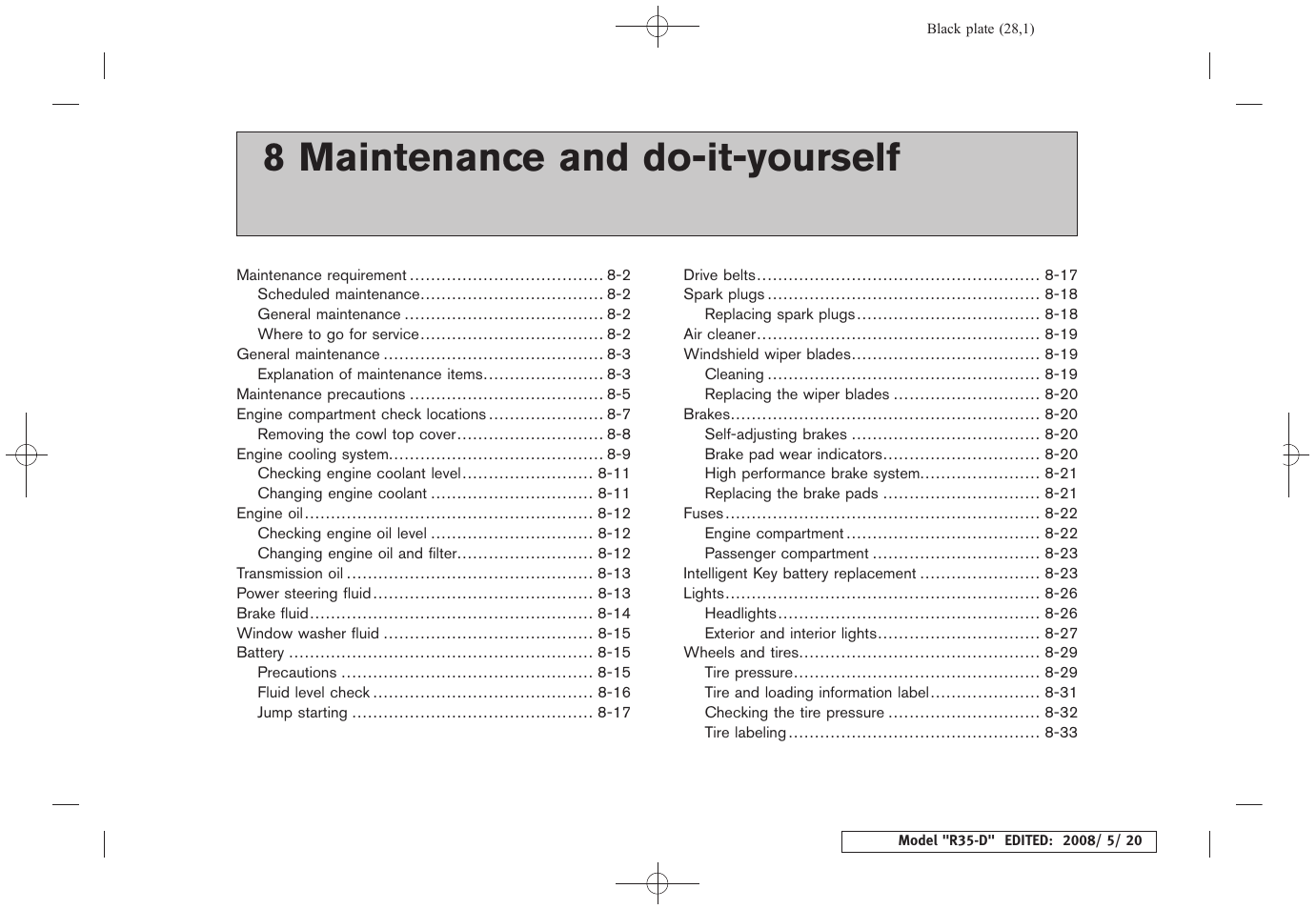 Maintenance and do-it-yourself, 8 maintenance and do-it-yourself | NISSAN R35-D User Manual | Page 239 / 311