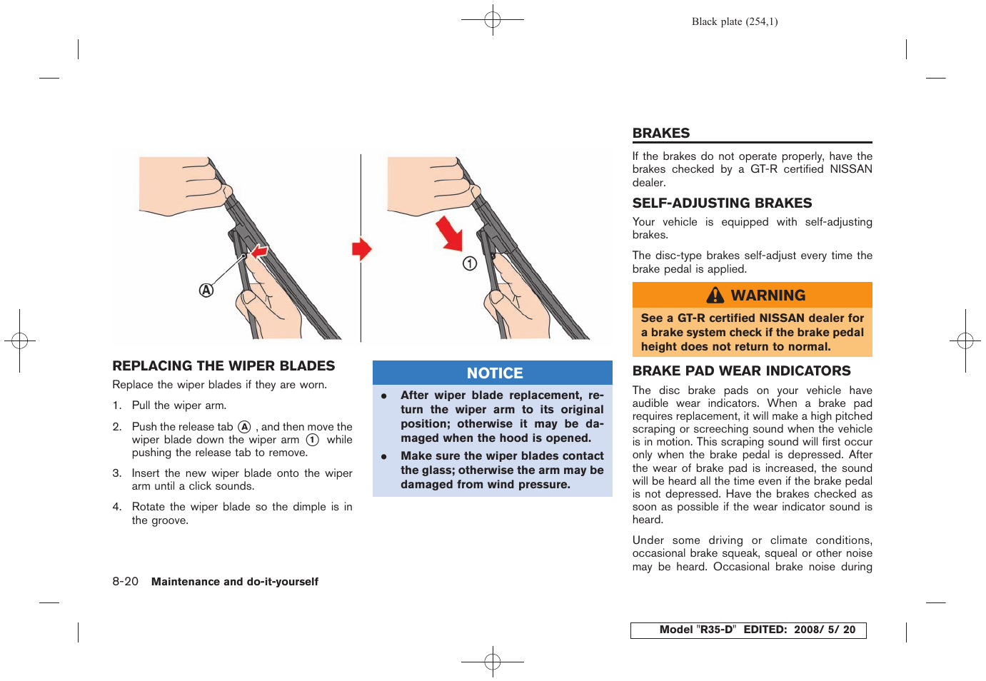 Replacing the wiper blades -20, Brakes -20 | NISSAN R35-D User Manual | Page 259 / 311