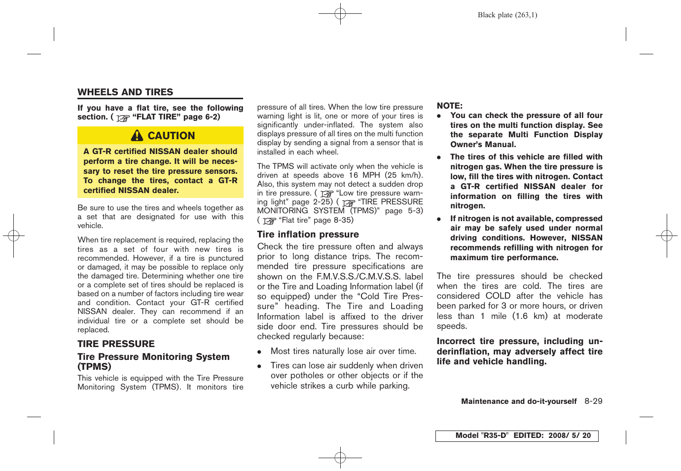 Wheels and tires -29, Tire pressure -29 | NISSAN R35-D User Manual | Page 268 / 311