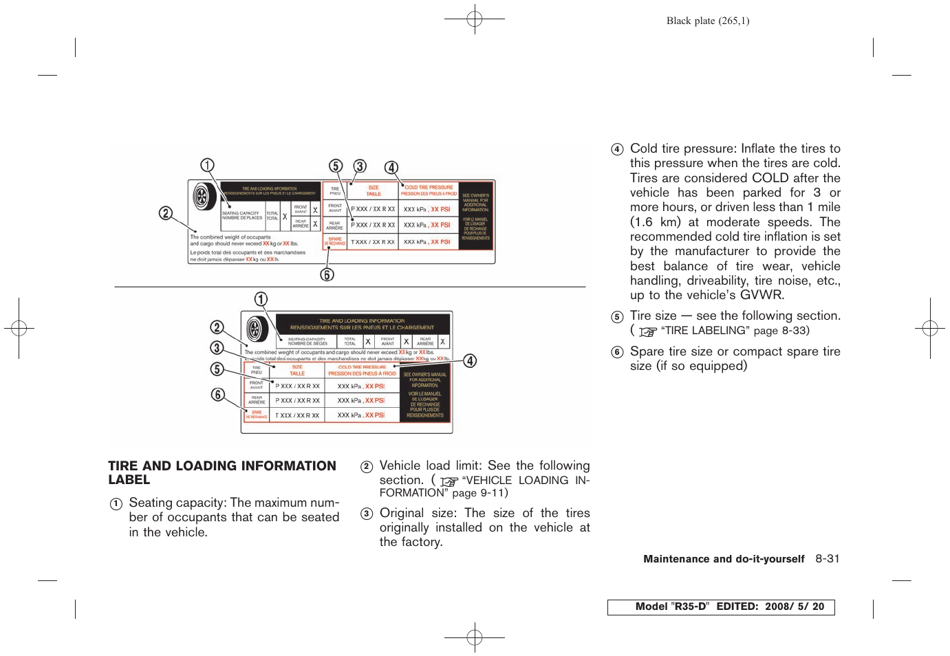 Tire and loading information label -31 | NISSAN R35-D User Manual | Page 270 / 311