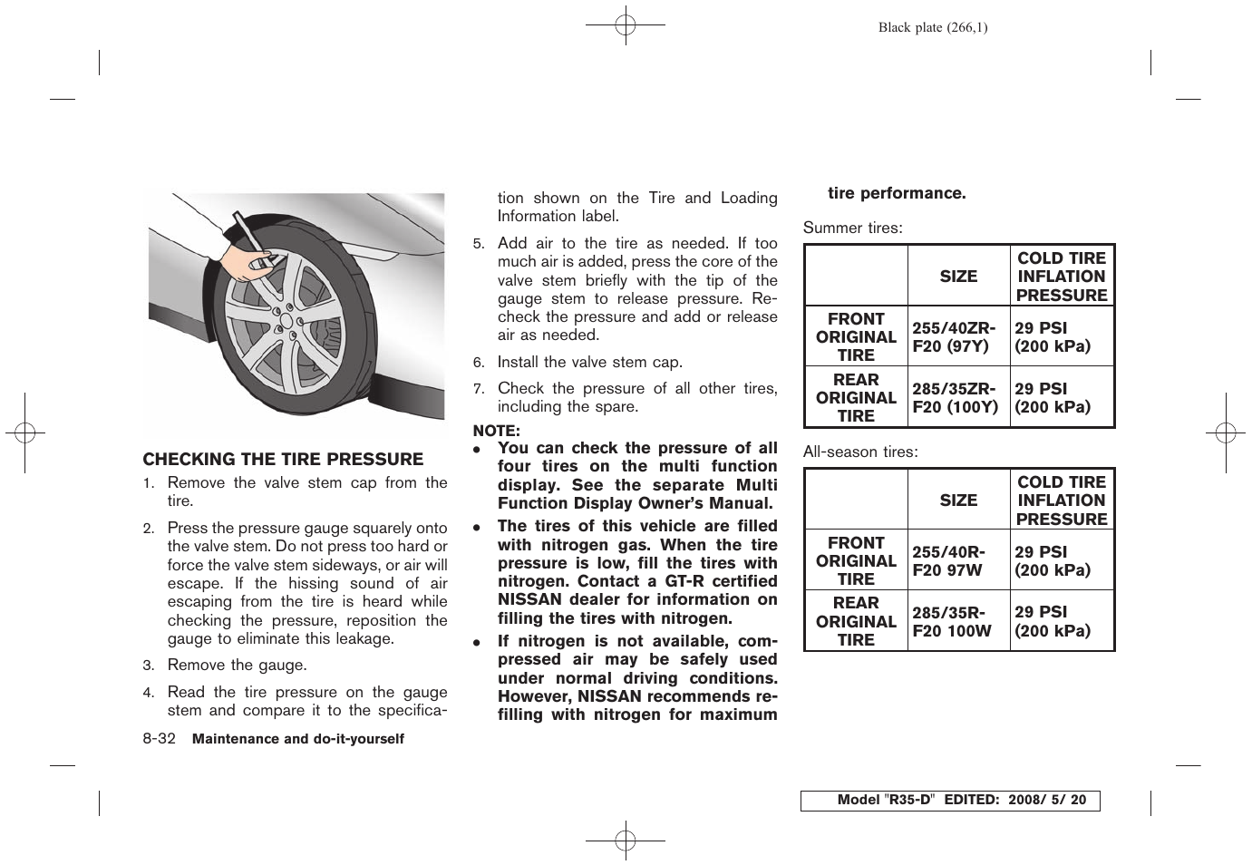 Checking the tire pressure -32 | NISSAN R35-D User Manual | Page 271 / 311