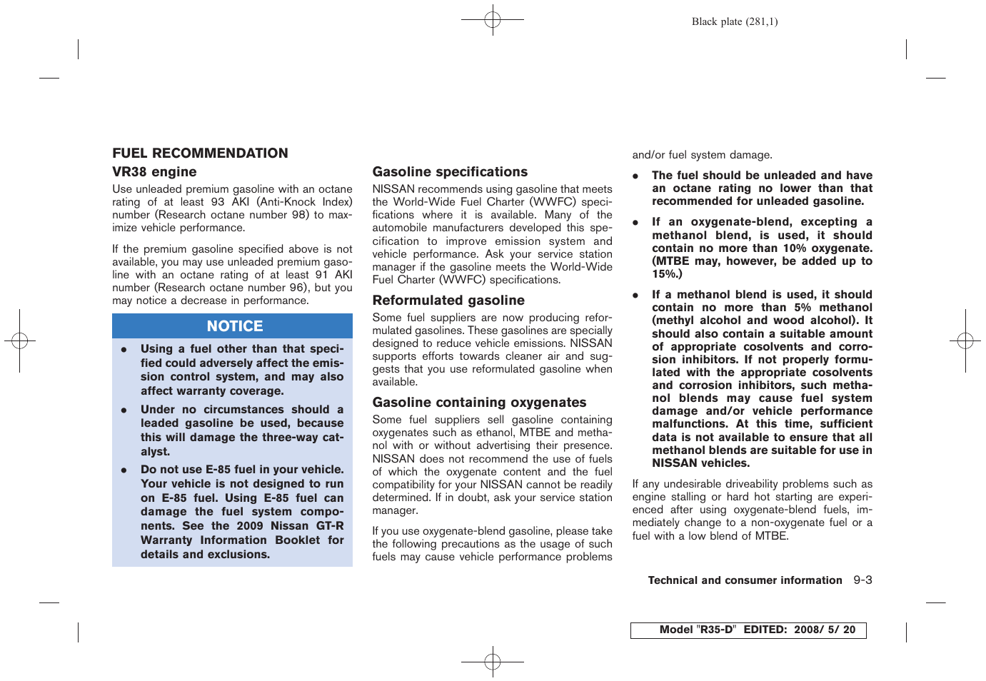 Fuel recommendation -3 | NISSAN R35-D User Manual | Page 286 / 311