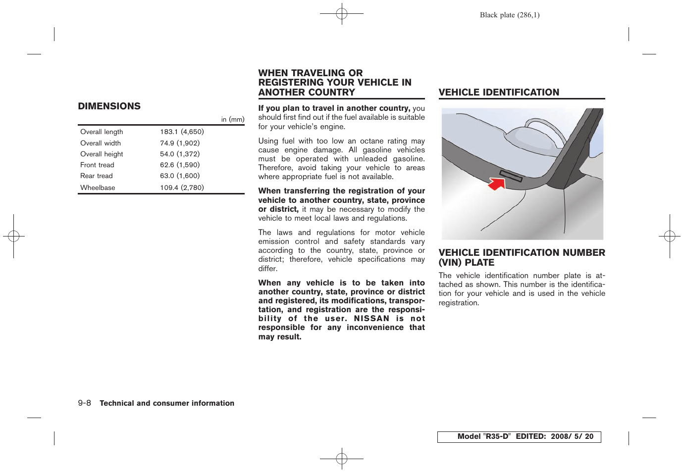 Dimensions -8, Vehicle identification number (vin) plate -8 | NISSAN R35-D User Manual | Page 291 / 311