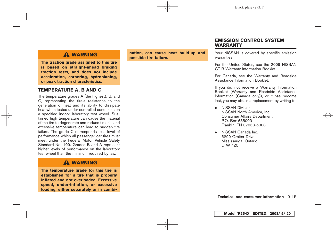 Temperature a, b and c -15, Emission control system warranty -15 | NISSAN R35-D User Manual | Page 298 / 311