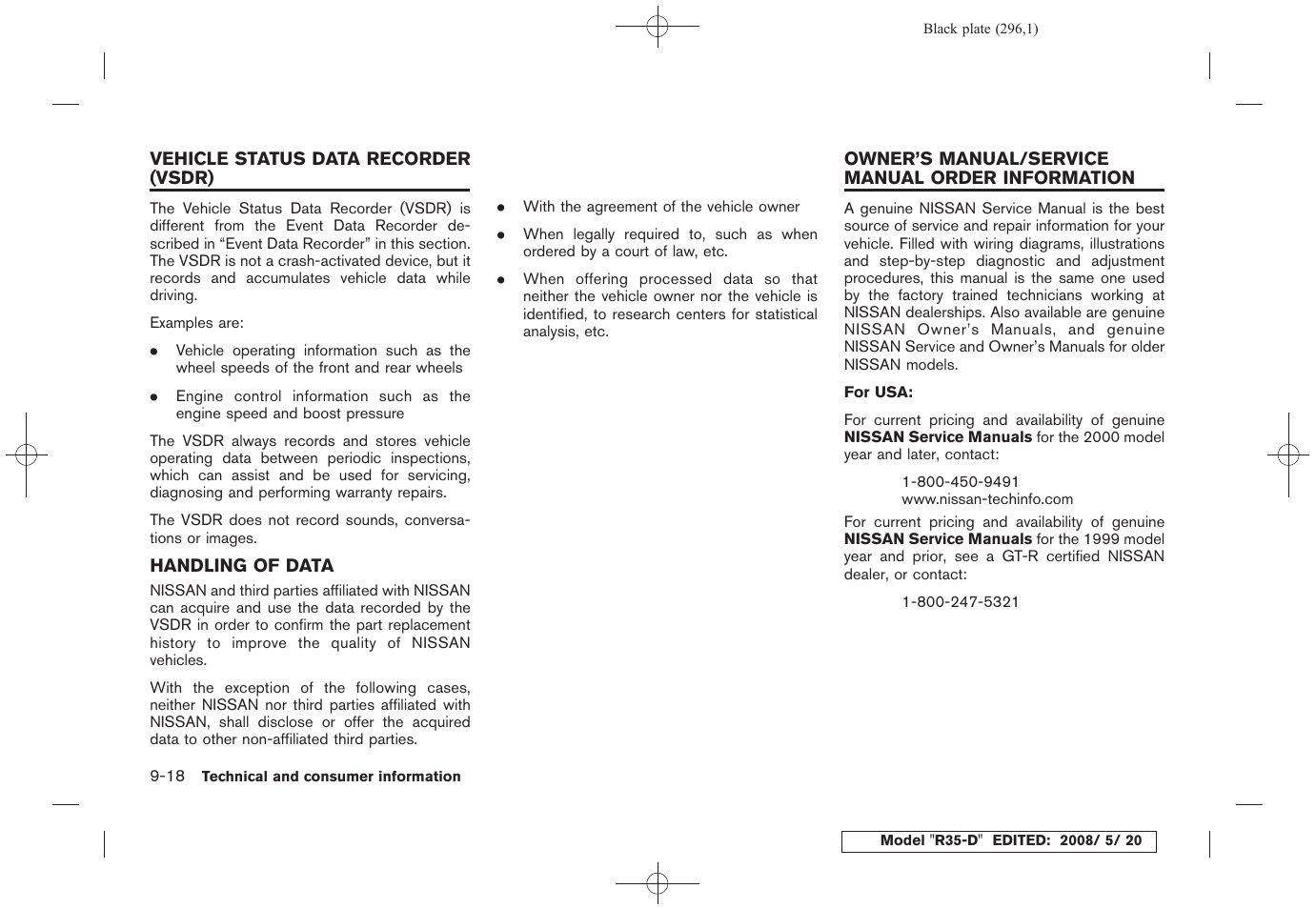 Vehicle status data recorder (vsdr) -18, Handling of data -18 | NISSAN R35-D User Manual | Page 301 / 311