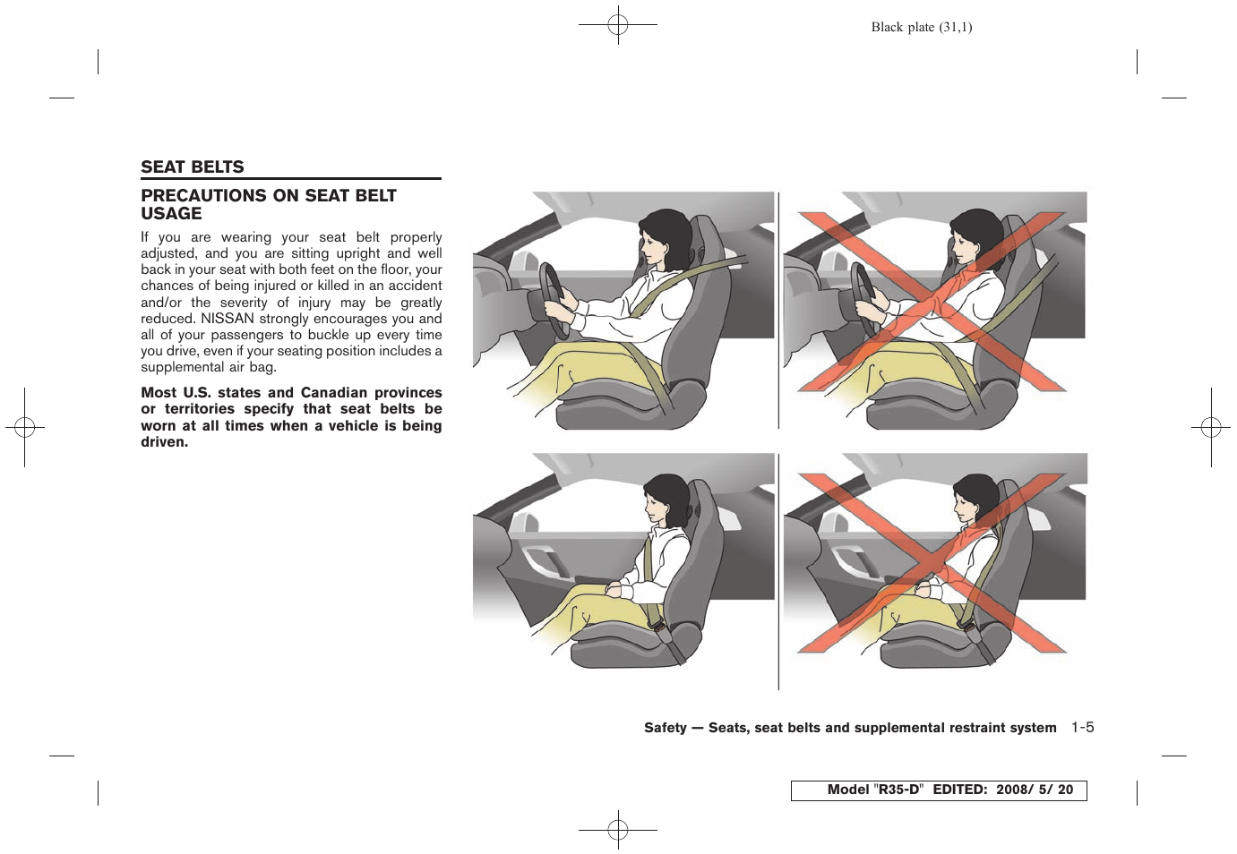 Seat belts -5, Precautions on seat belt usage -5 | NISSAN R35-D User Manual | Page 36 / 311