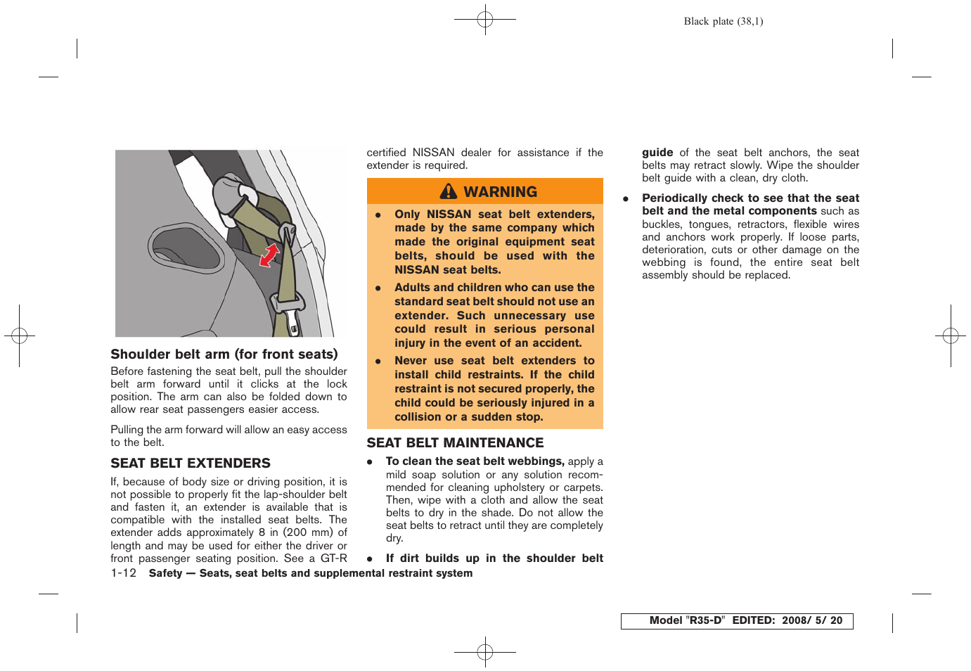 Seat belt extenders -12 seat belt maintenance -12 | NISSAN R35-D User Manual | Page 43 / 311