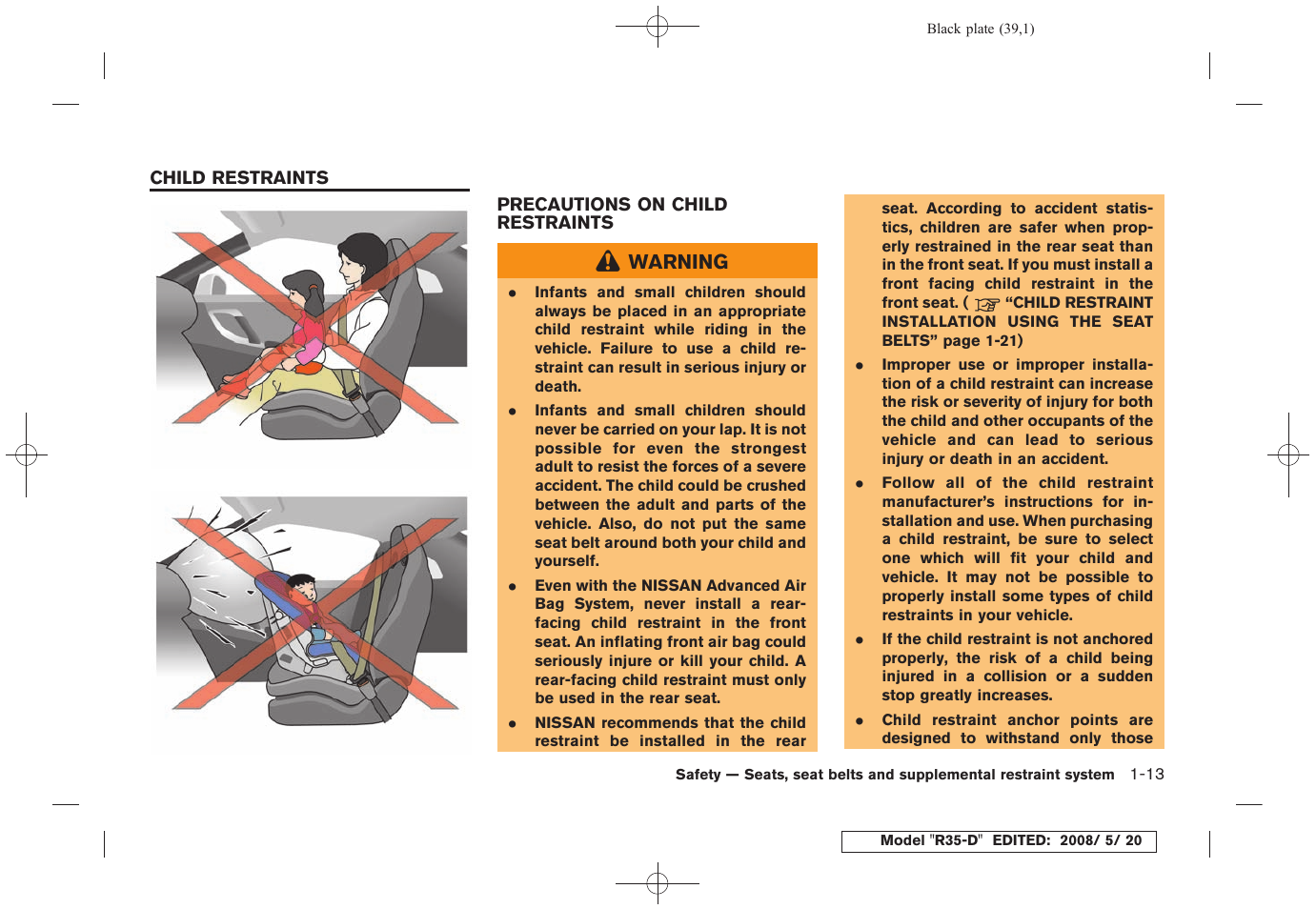 Child restraints -13, Precautions on child restraints -13 | NISSAN R35-D User Manual | Page 44 / 311
