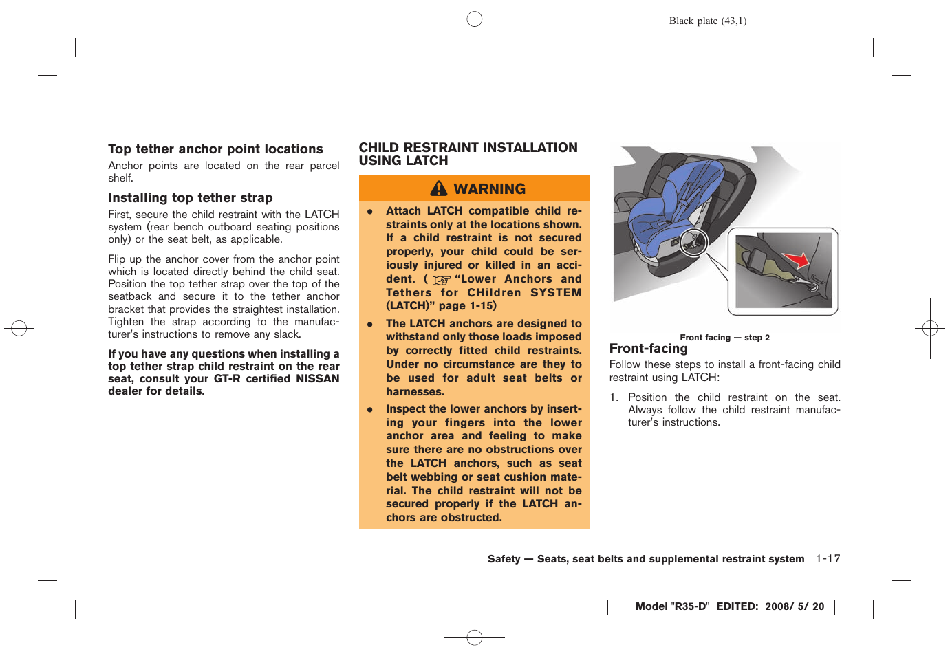 Child restraint installation using latch -17 | NISSAN R35-D User Manual | Page 48 / 311