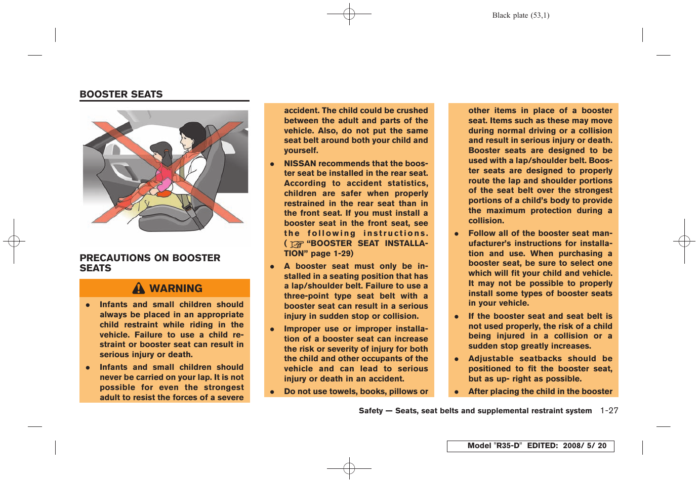 Booster seats -27, Precautions on booster seats -27 | NISSAN R35-D User Manual | Page 58 / 311