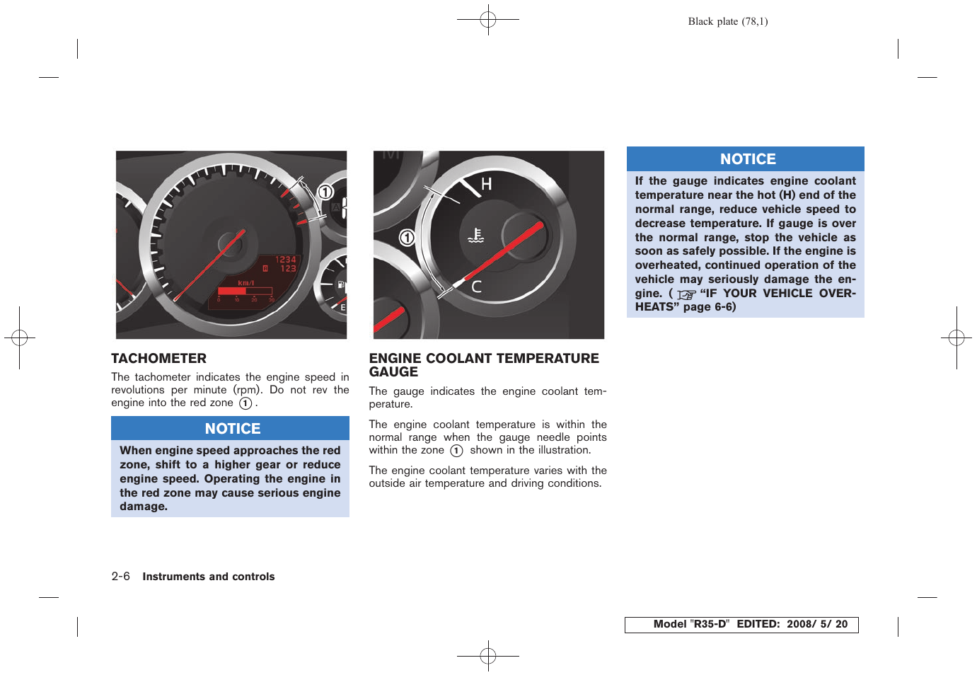 Tachometer -6 engine coolant temperature gauge -6 | NISSAN R35-D User Manual | Page 83 / 311