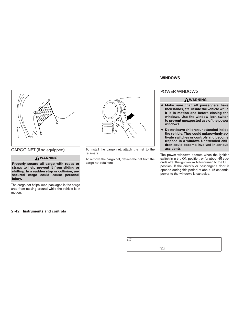 Cargo net (if so equipped) -42, Windows -42, Power windows -42 | NISSAN 2008 Altima Coupe User Manual | Page 120 / 368