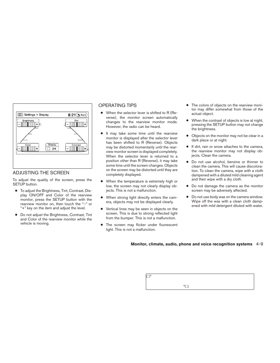 Adjusting the screen -9 operating tips -9 | NISSAN 2008 Altima Coupe User Manual | Page 165 / 368