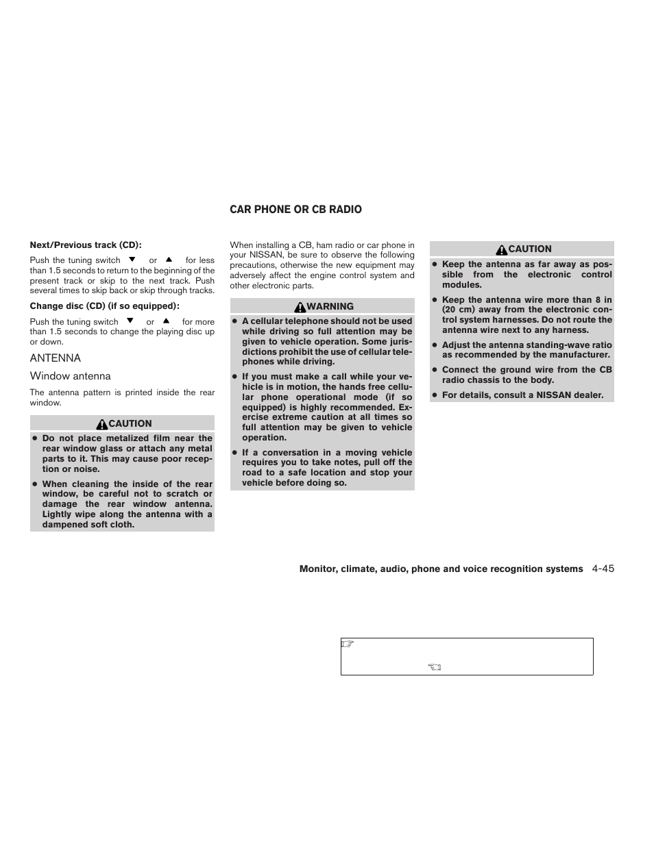 Antenna -45, Car phone or cb radio -45 | NISSAN 2008 Altima Coupe User Manual | Page 201 / 368