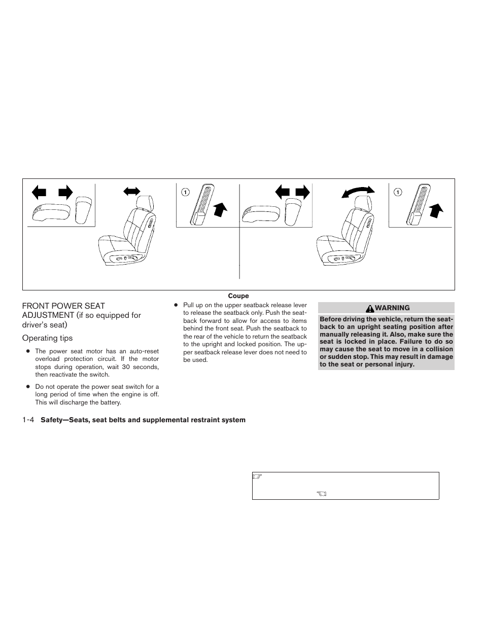 Front power seat adjustment, If so equipped for driver’s seat) -4 | NISSAN 2008 Altima Coupe User Manual | Page 22 / 368