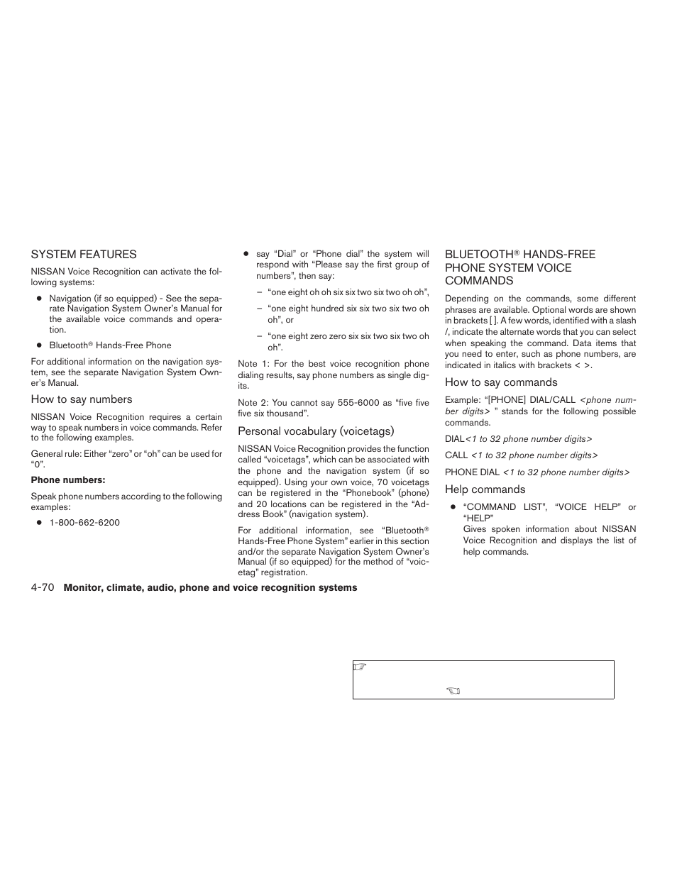 System features -70 bluetooth, Hands-free phone system voice, Commands -70 | NISSAN 2008 Altima Coupe User Manual | Page 226 / 368