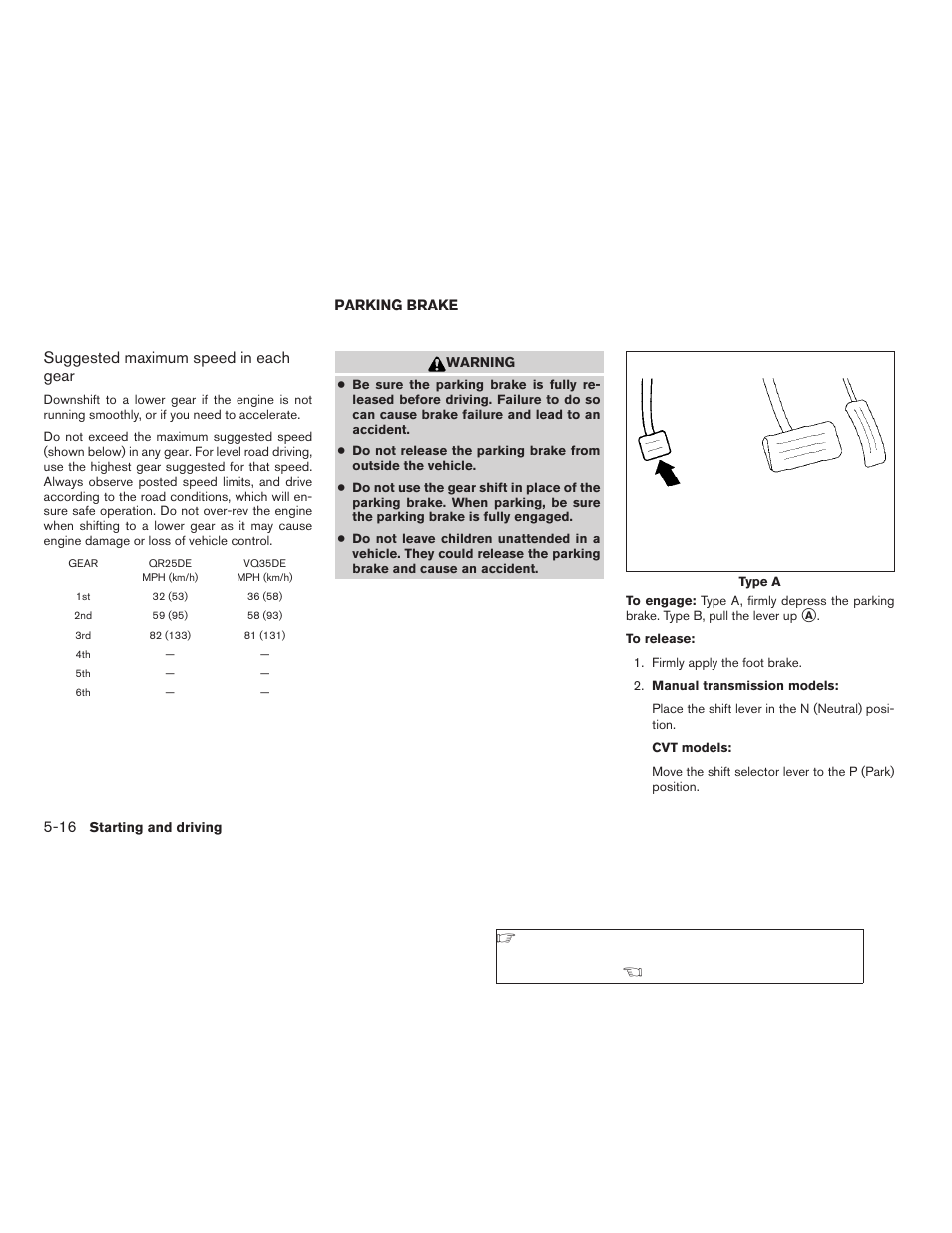 Parking brake -16, Suggested maximum speed in each gear, Parking brake | NISSAN 2008 Altima Coupe User Manual | Page 246 / 368