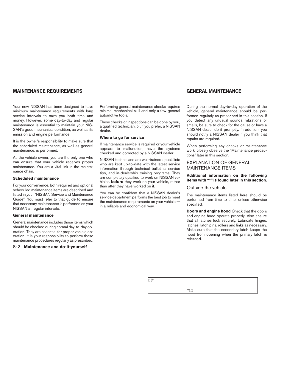 Maintenance requirements -2 general maintenance -2, Explanation of general maintenance items -2 | NISSAN 2008 Altima Coupe User Manual | Page 280 / 368