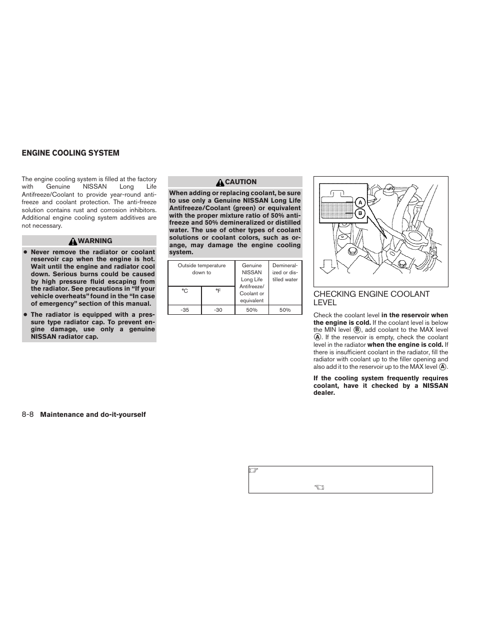 Engine cooling system -8, Checking engine coolant level -8 | NISSAN 2008 Altima Coupe User Manual | Page 286 / 368