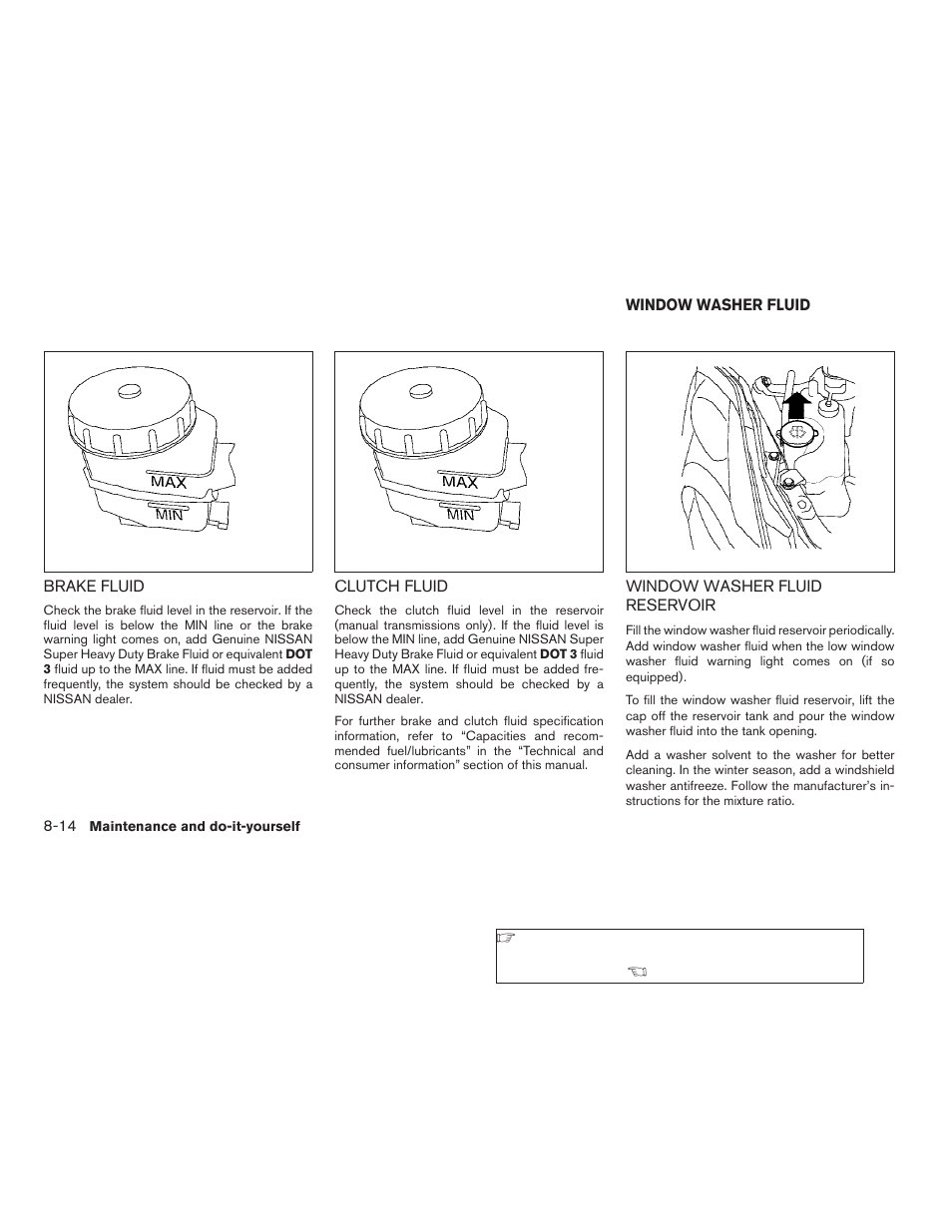 Brake fluid -14, Clutch fluid -14, Window washer fluid -14 | Window washer fluid reservoir -14 | NISSAN 2008 Altima Coupe User Manual | Page 292 / 368