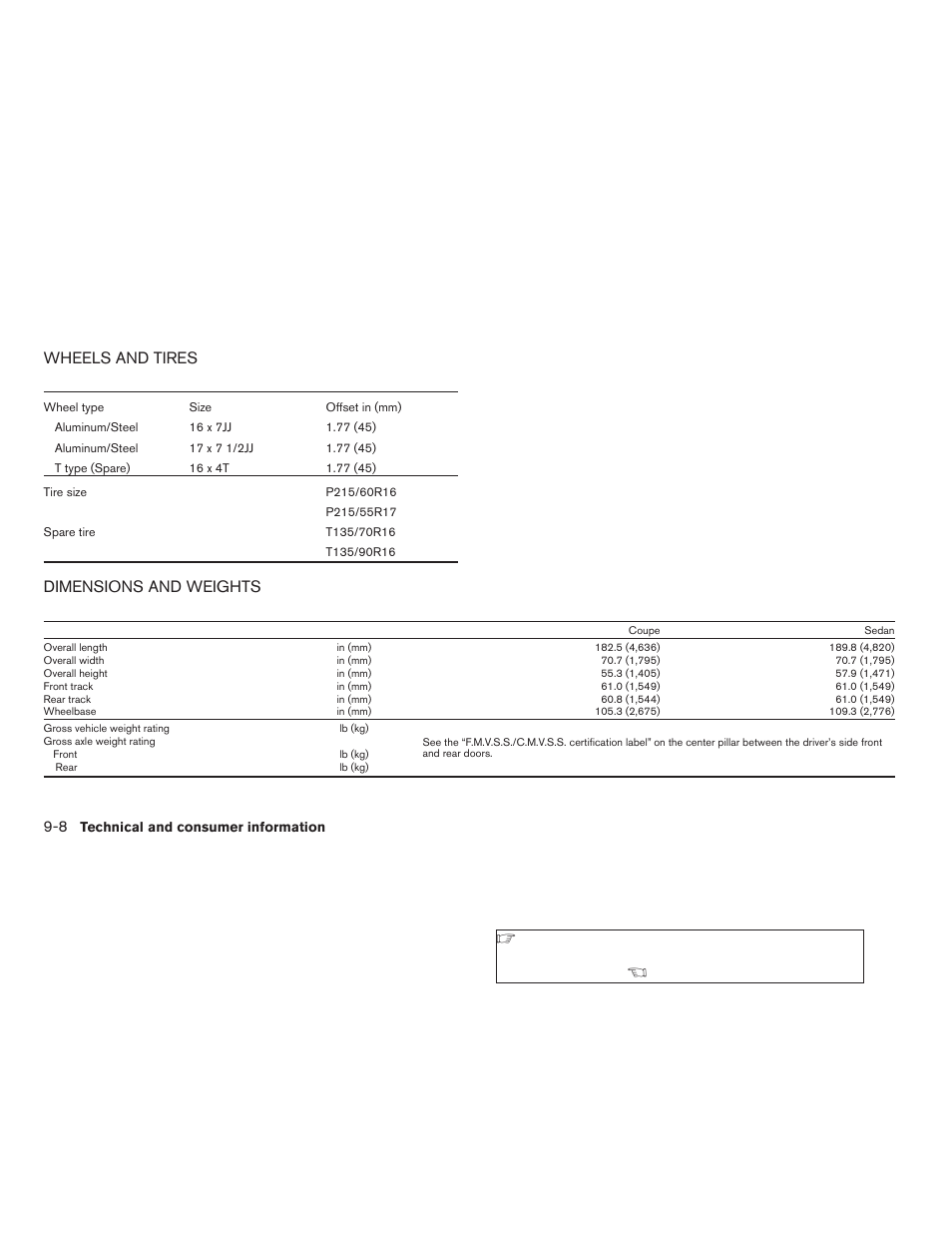 Wheels and tires -8 dimensions and weights -8, Wheels and tires, Dimensions and weights | NISSAN 2008 Altima Coupe User Manual | Page 332 / 368