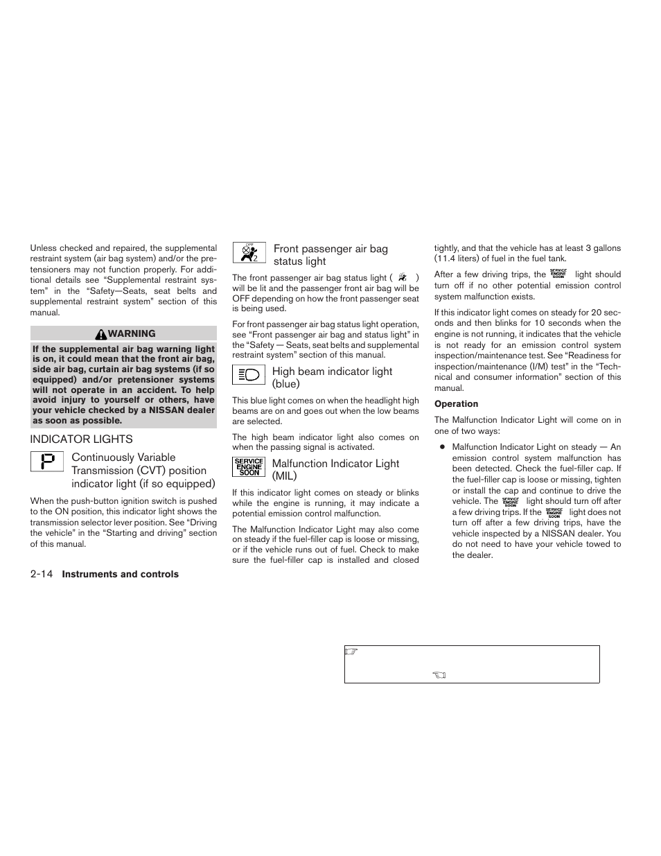 Indicator lights -14 | NISSAN 2008 Altima Coupe User Manual | Page 92 / 368